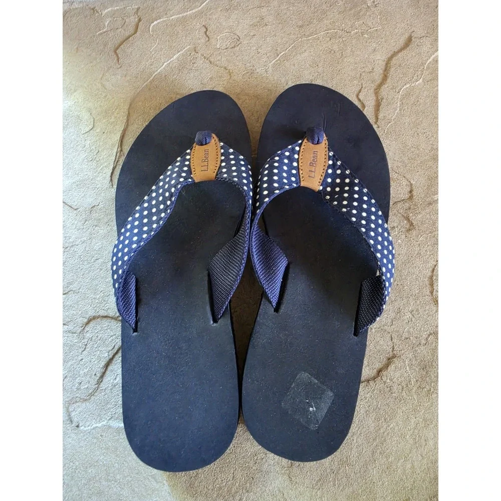 LL Bean Maine Isle Flip Flops Womens Size 10 Nautical Polka Dot Sandals - Picture 4 of 7